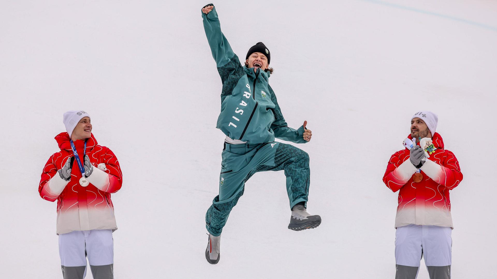 Lucas Pinheiro Braathen bejubelt seinen Olympiasieg