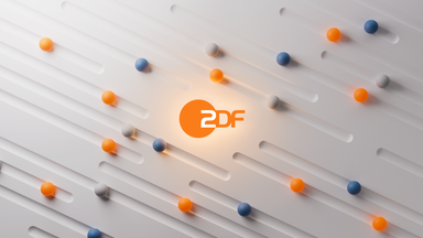 Zentrales ZDF-Logo auf hellem Hintergrund, eingebettet in ein minimalistisches, geometrisches Design aus schrägen Linien und farbigen Kugeln. Die Gestaltung wirkt modern und dynamisch und dient als visuelle Einführung zur Marke ZDF.