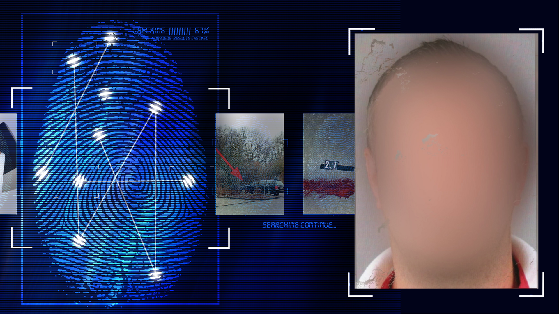 Portraitfoto eines Mannes mit kurzen braunen Haaren. Im Anschnitt ist weiße Oberbekleidung zu erkennen. Das Gesicht wurde im Bild technisch verfremdet. Links daneben: Lichtschematische Darstellung eines Fingerabdrucks.