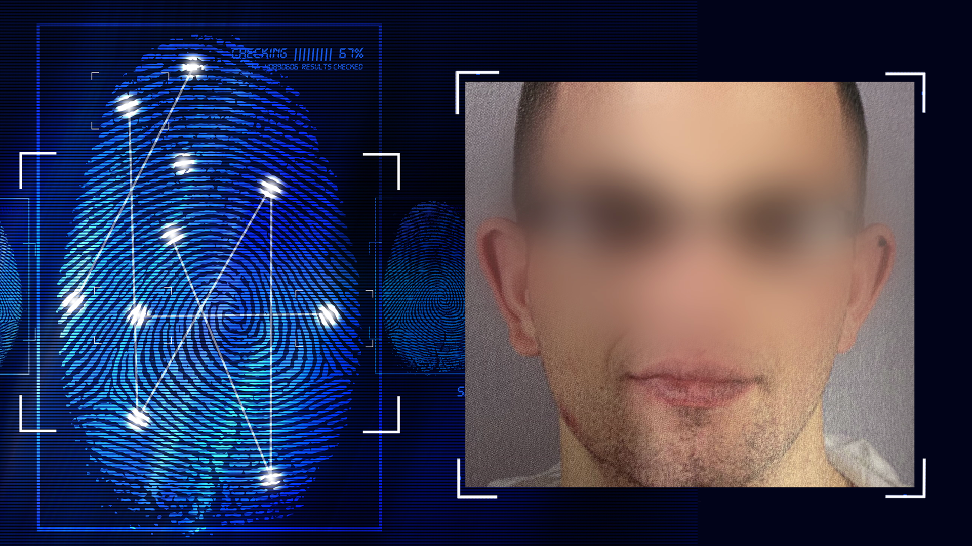 Portrait zeigt Ausschnitt eines mittelalten Mannes. Das Gesicht wurde im Bild technisch verfremdet. Links daneben: Lichtschematische Darstellung eines Fingerabdrucks.