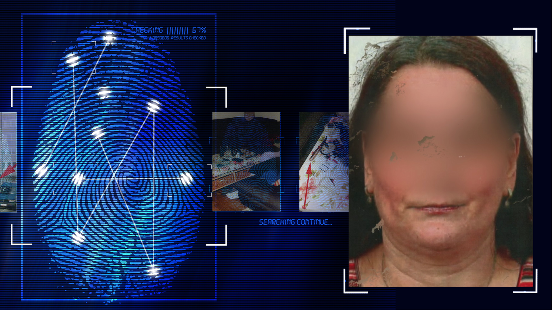 Portraitfoto einer Frau mittleren Alters mit schulterlangen dunkelblond-braunen Haaren. Das Gesicht wurde im Bild technisch verfremdet. Links daneben: Lichtschematische Darstellung eines Fingerabdrucks