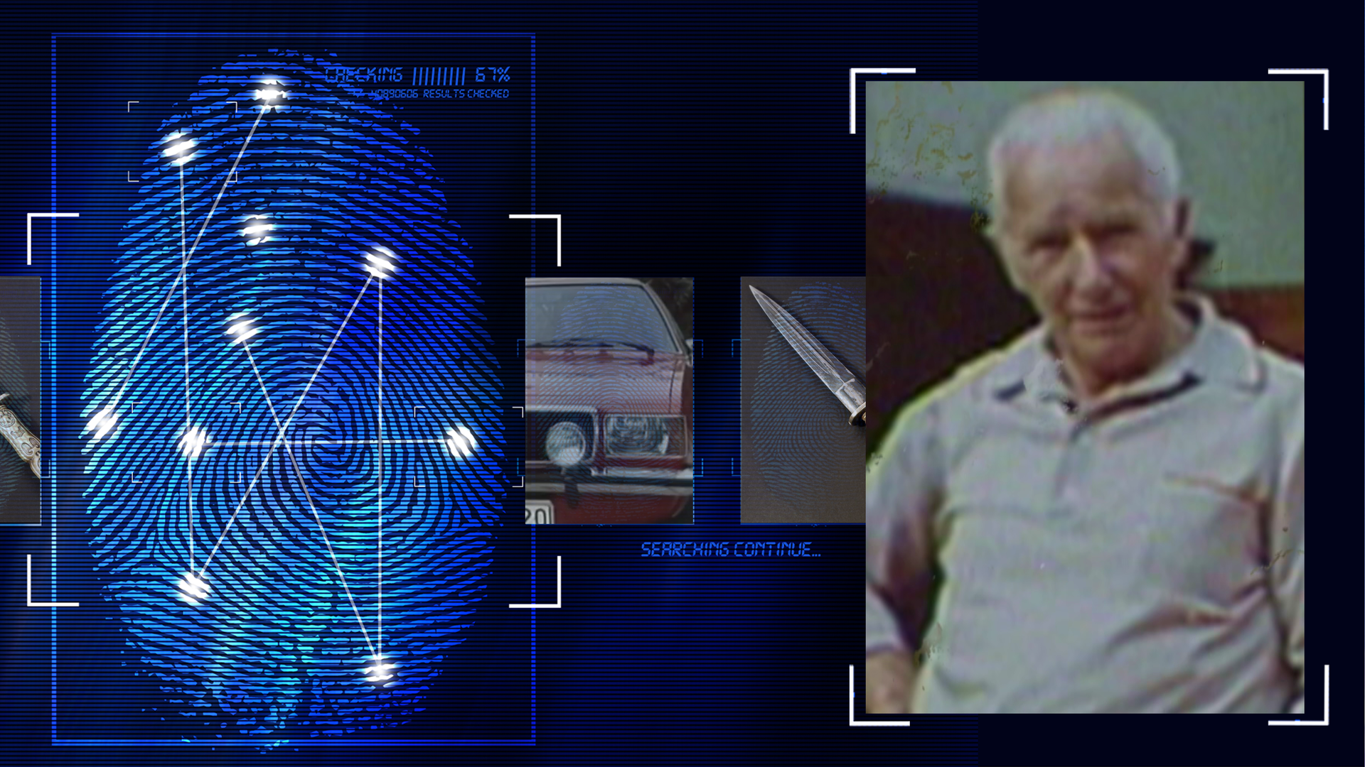 Portraitfoto eines Mannes im Rentenalter. Graue kurze Haare, lächelt in die Kamera. Trägt ein beiges Polo-Shirt mit Einstecktasche in Brusthöhe links. Links daneben: Lichtschematische Darstellung eines Fingerabdrucks.