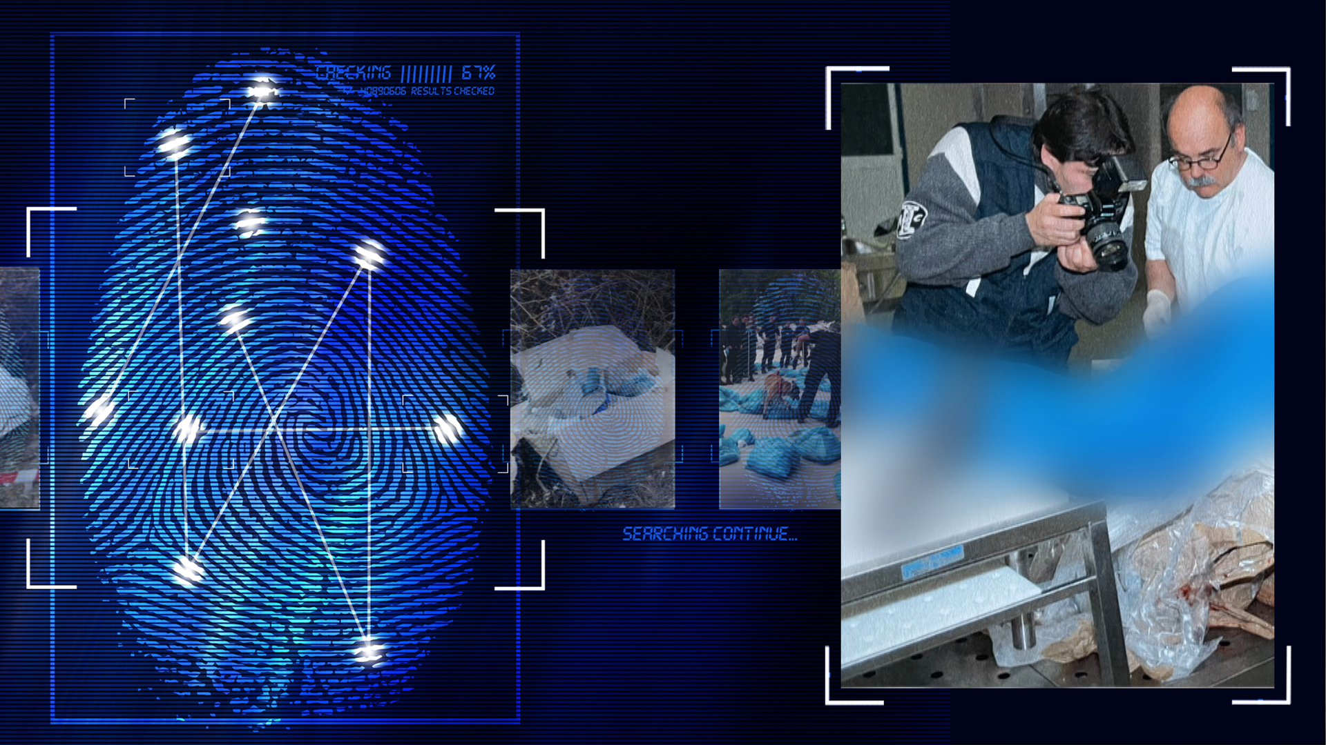 Bild in der Gerichtsmedizin aufgenommen zeigt Mann der eine Leiche auf dem Seziertisch fotografiert. Die Leiche wurde technisch verfremdet. Der Gerichtsmediziner arbeitet an dem Toten. Links daneben: Lichtschematische Darstellung eines Fingerabdrucks.