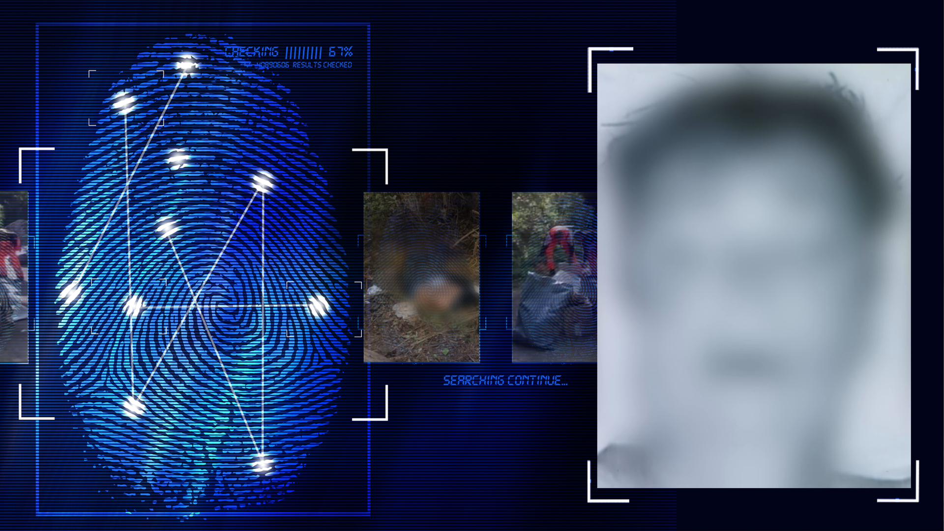 Portraitfoto einer Frau (schwarzweiß). Das Gesicht wurde technisch verfremdet. Links daneben: Lichtschematische Darstellung eines Fingerabdrucks.