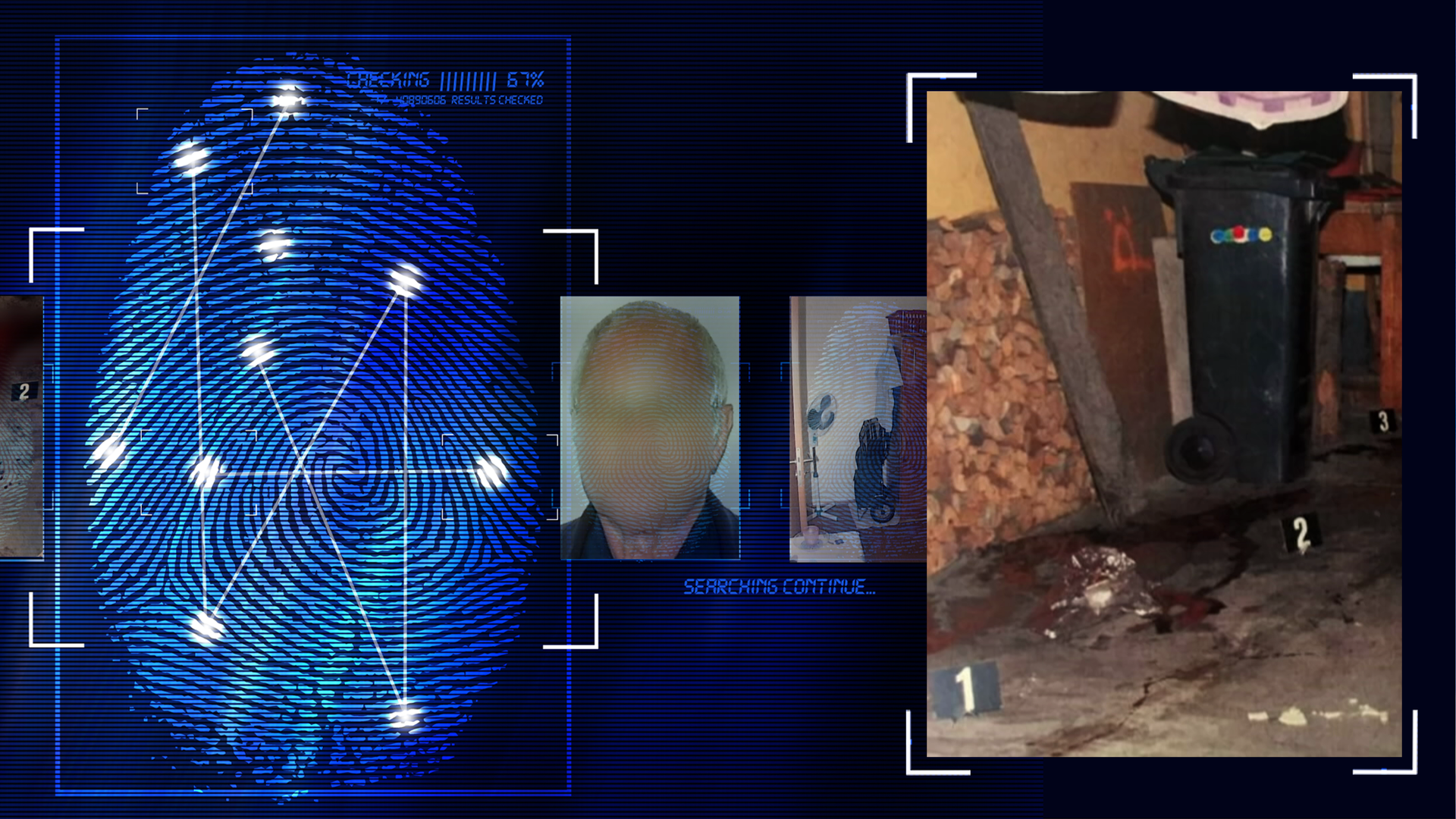 Bild aus der Akte der Polizei zeigt einen Garagenvorplatz. Im Hintergrund fein säuberlich aufgestapelte Brennholz-Scheite. Eine ca. 240 Liter Mülltonne in schwarz. Duetliche Blutspuren am Boden. Markierungen der Kriminaltechnik: Schwarze Schilder mit großen weißen Ziffern "1", "2" und "3". Links daneben: Lichtschematische Darstellung eines Fingerabdrucks.