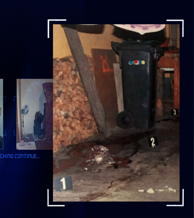 Bild aus der Akte der Polizei zeigt einen Garagenvorplatz. Im Hintergrund fein säuberlich aufgestapelte Brennholz-Scheite. Eine ca. 240 Liter Mülltonne in schwarz. Duetliche Blutspuren am Boden. Markierungen der Kriminaltechnik: Schwarze Schilder mit großen weißen Ziffern "1", "2" und "3". Links daneben: Lichtschematische Darstellung eines Fingerabdrucks.