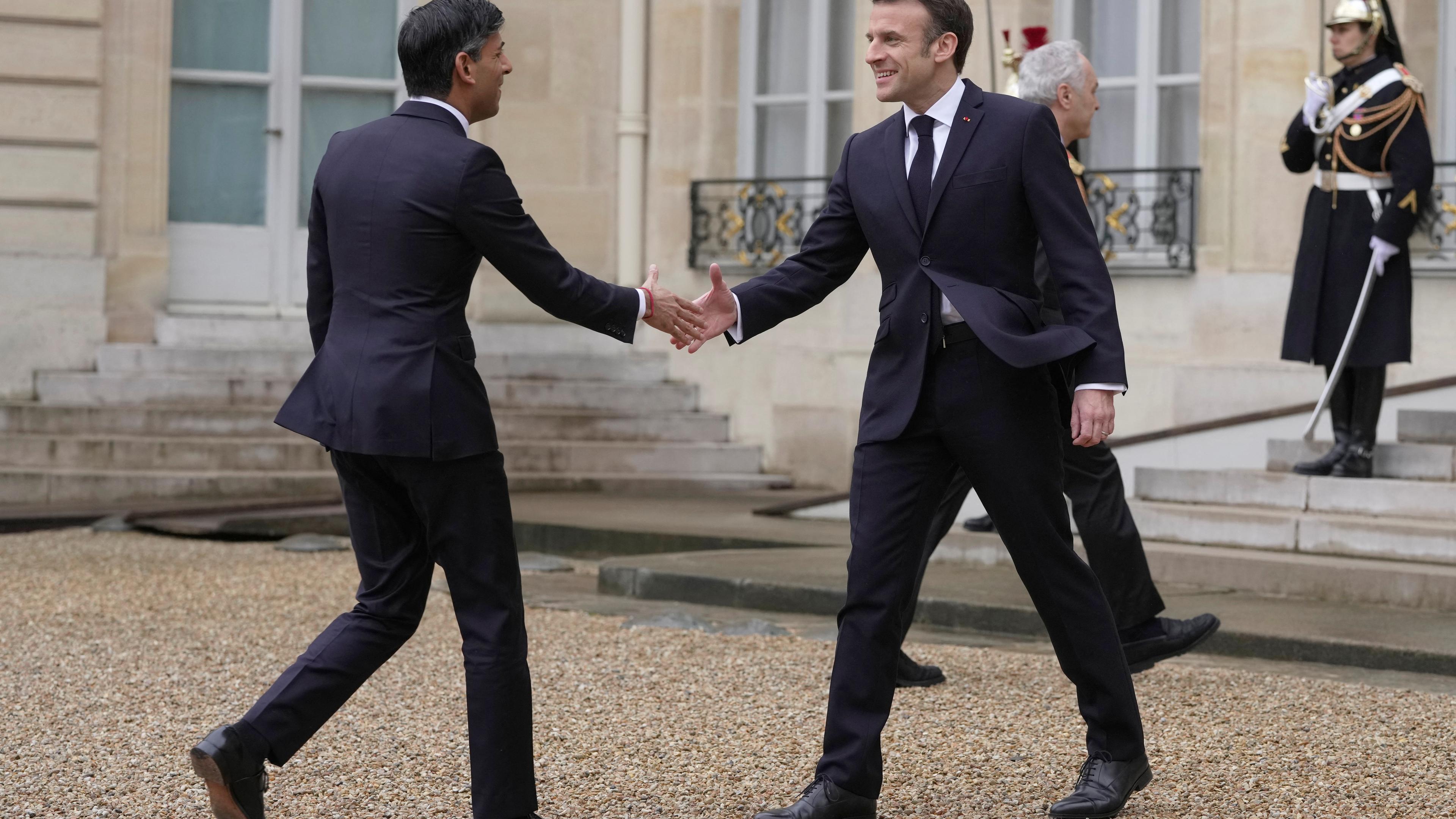 Britain's Prime Minister Sunak and French President Macron meet at the Elysee Palace in Paris