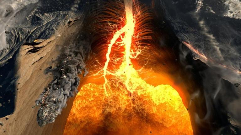 Digitale Rekonstruktion eines Vulkans mit Magma in darunterliegendem Plume  f�r das ZDF Terra X Projekt \"Vulkane in 360 Grad und 3D\".