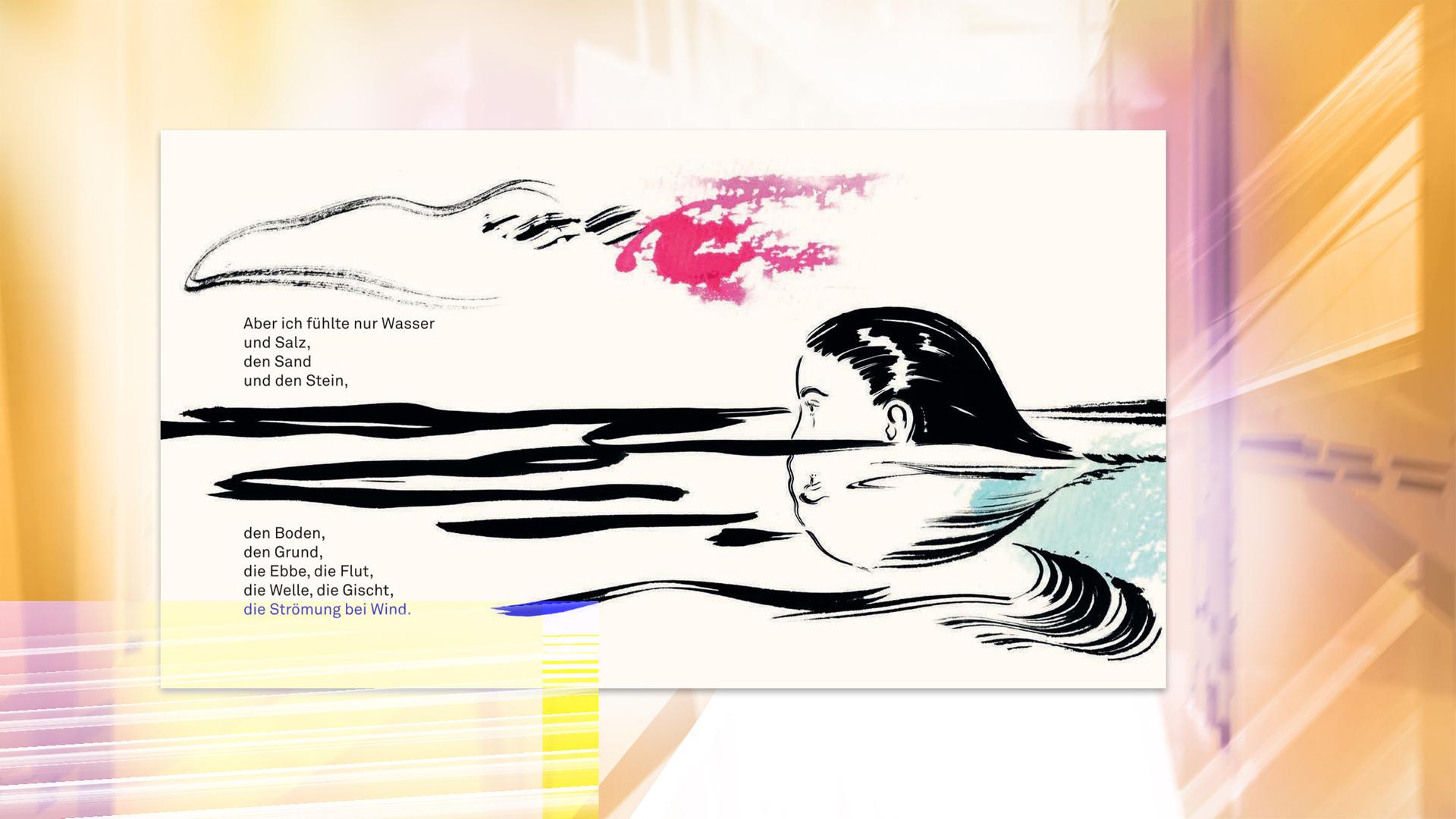 Man sieht die Illustration einer Frau die schwimmt.