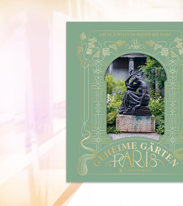 Auf dem Cover des Buches sieht man das Foto einer Skulptur, die in einem Garten steht, vor einem lindgrünen Hintergrund mit goldener Schrift im Art-Nouveau-Stil.