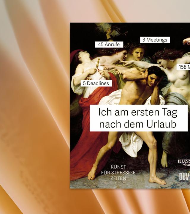 Auf dem Cover des Buches ist ein Gemälde zu sehen, auf dem sich ein Mann die Ohren zuhält und vier Personen versuchen auf ihn einzureden. Auf einem Textfeld auf dem Mann steht: "Ich am ersten Tag nach dem Urlaub." Auf vier Textfeldern bei den anderen Personen steht: "5 Deadlines", "45 Anrufe", "3 Meetings" und "158 Mails".