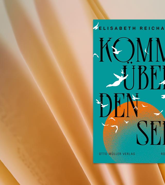 Der Buchumschlag zeigt einen Himmel in der Farbe Petrol, im unteren Bereich sieht man eine stilisierte Sonne in der Farbe Orange, darüber fliegen einige weiße Vögel und ein stilisierter Mensch mit Flügeln.