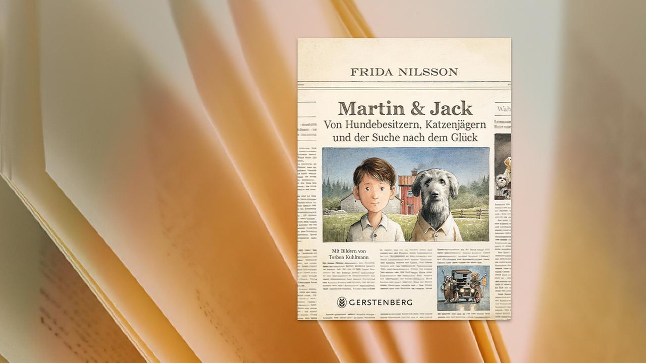 Der Umschlag des Kinderbuchs ist wie eine Zeitung gestaltet, auf der unter der Schlagzeile Martin & Jack ein gemaltes Bild von einem Jungen und einem Hund zu sehen ist.
