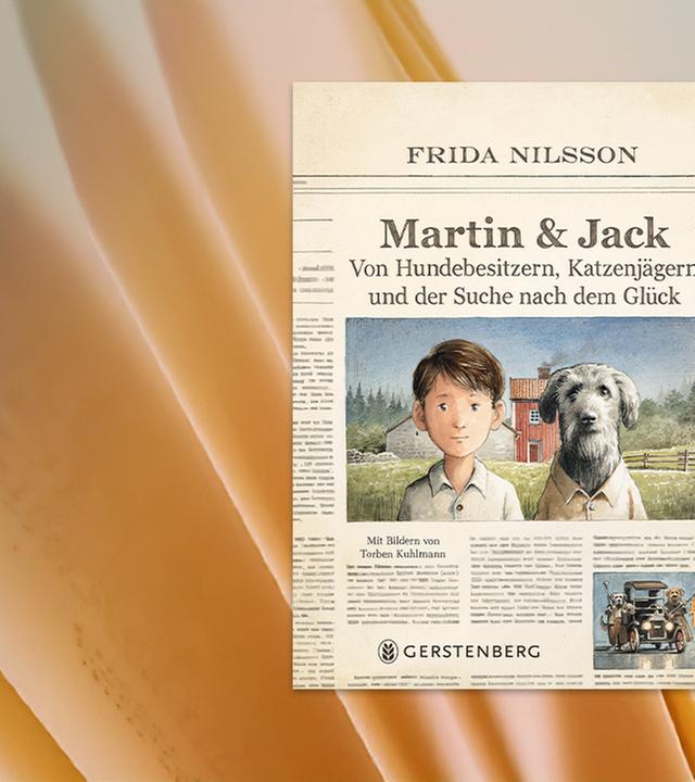 Der Umschlag des Kinderbuchs ist wie eine Zeitung gestaltet, auf der unter der Schlagzeile Martin & Jack ein gemaltes Bild von einem Jungen und einem Hund zu sehen ist.