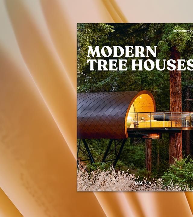 Auf dem Cover des Buches sieht man ein modernes Baumhaus.
