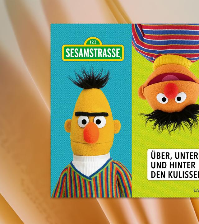 Buchcover des Sesamstraßen-Bildbands Sesamstrasse – Über, unter und hinter den Kulissen mit der Figur Bert links vor blauem Hintergrund und der Figur Ernie kopfüber vor grüngelbem Hintergrund daneben. Oben links ist das Sesamstraßen-Logo zu sehen und rechts unten steht der Titel.
