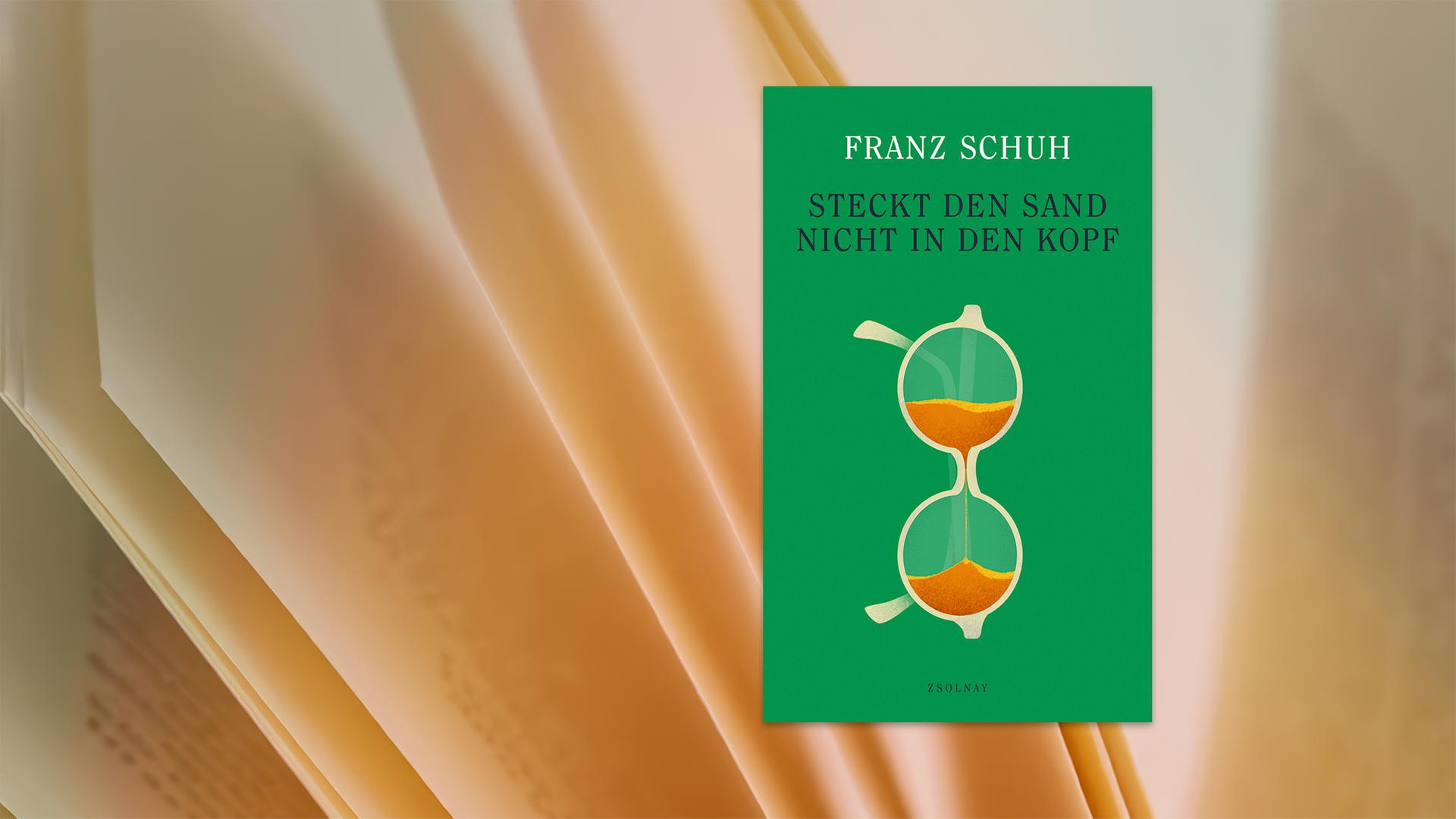 Auf dem Cover des Buches sieht man die Illustration einer Sanduhr in Form einer Brille vor grünem Hintergrund.