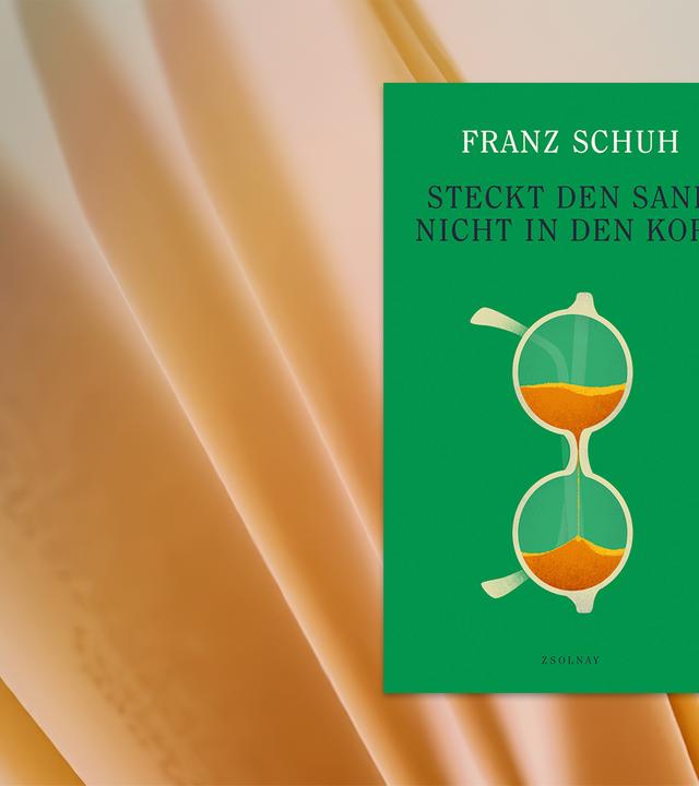 Auf dem Cover des Buches sieht man die Illustration einer Sanduhr in Form einer Brille vor grünem Hintergrund.
