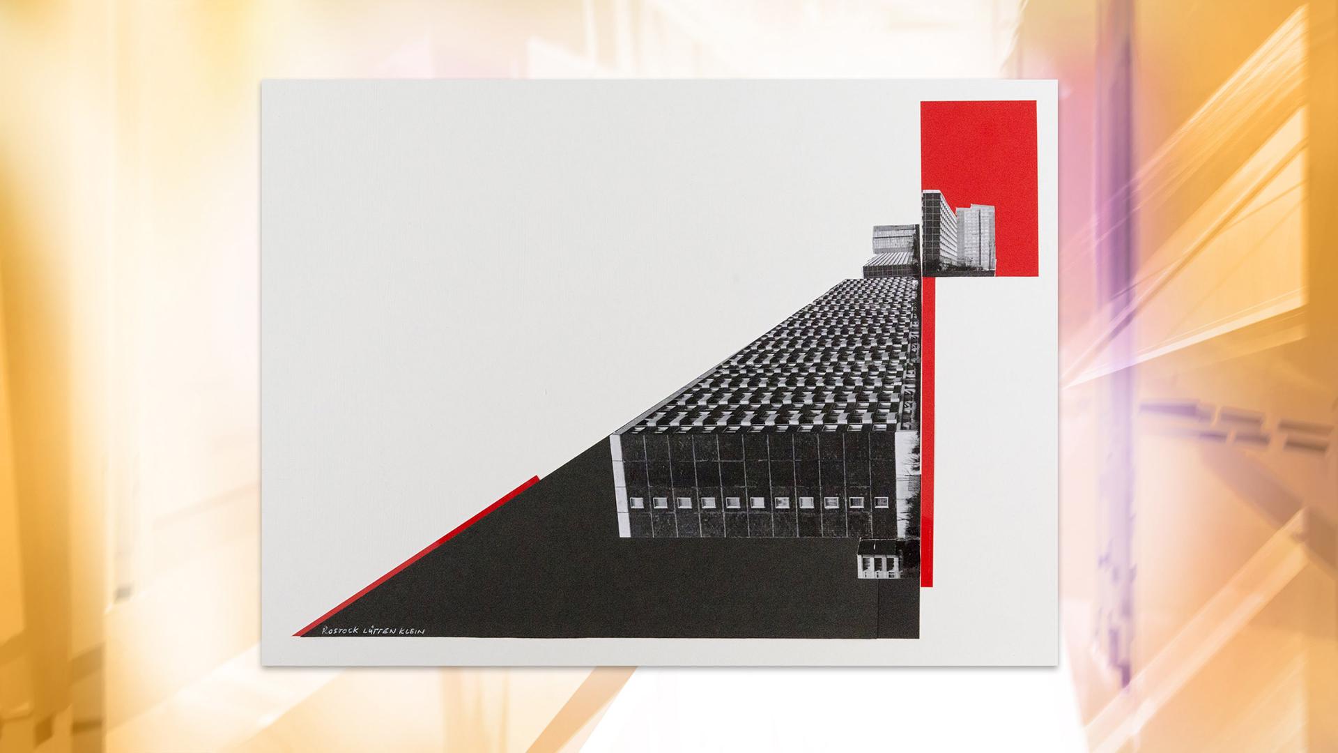 Man sieht die Fotografie eines Plattenbaus in einem abtrakten Bild.