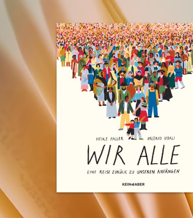 Auf dem Buchumschlag ist eine gemalte Menschenmenge zu sehen, die sich nach vorne verjüngt und auf ein Kinderpaar zuläuft.