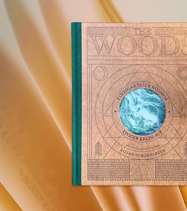 Ein Buch, dessen Umschlag aussieht, als ob er aus Holz mit eingefrästen Mustern besteht. In der Mitte ist ein Loch.