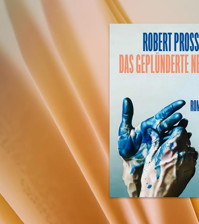 Zwei Hände die mit blauer Farbe beschmiert sind und der Titel und der Name des Autors.