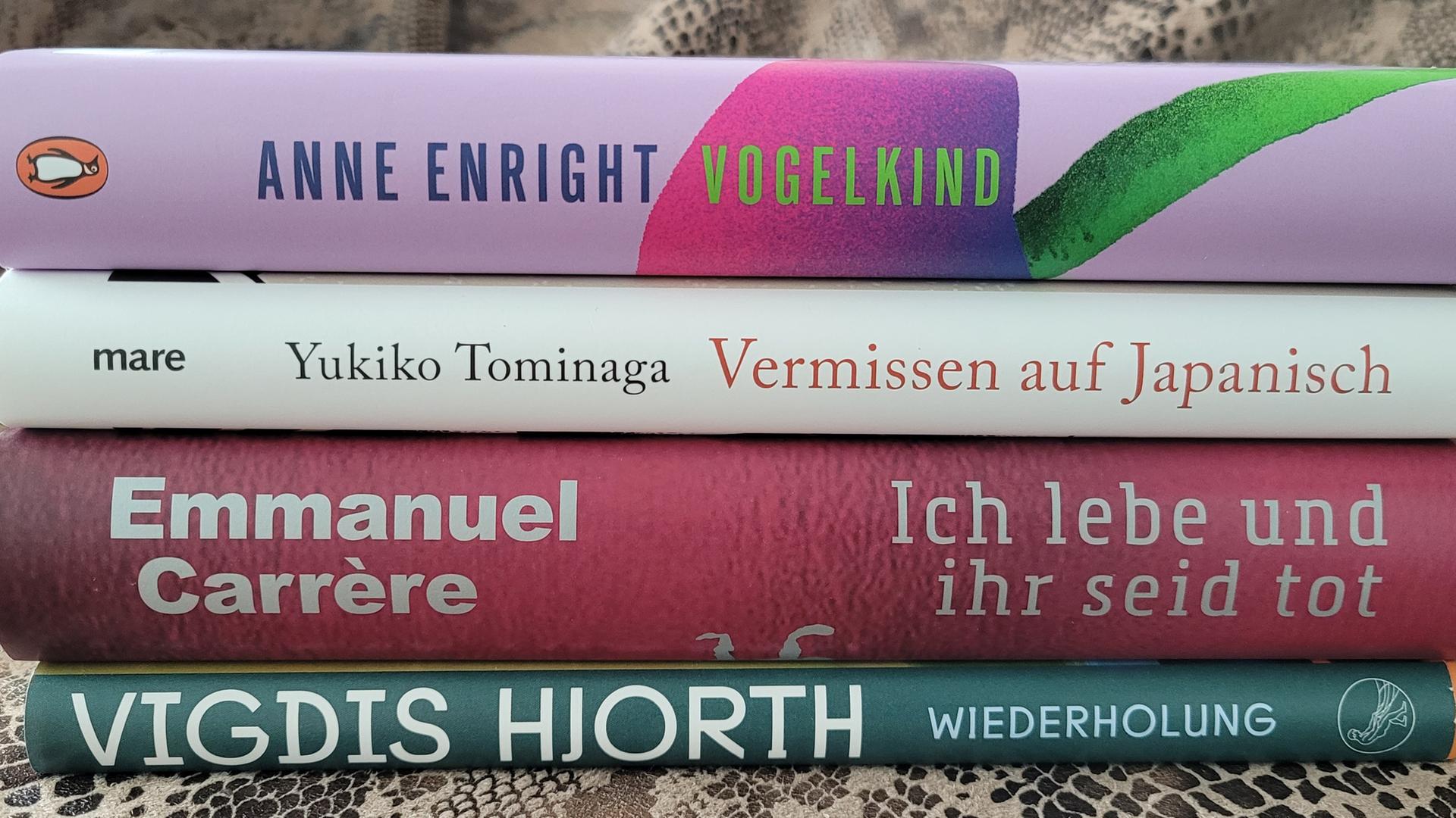 Die Rücken von vier aufeinandergestapelten Büchern.
