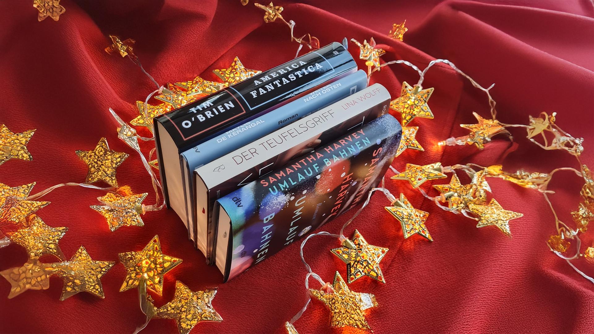 Vier Bücher auf einer roten Decke umgeben von einer Sternenlichterkette.