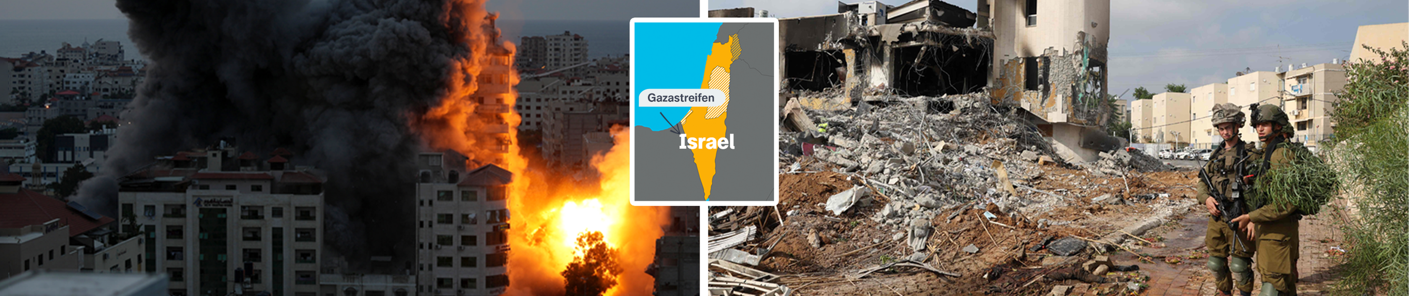 Rechte Seite: Explosion einer Rakete im Gaza-Streifen. Linke Seite: Zwei Soldaten vor einem zerstörten Haus. In der Mitte eine Landkarte mit Israel nund dem Gaza-Streifen.