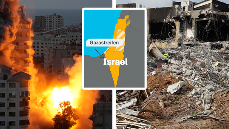 Rechte Seite: Explosion einer Rakete im Gaza-Streifen. Linke Seite: Zwei Soldaten vor einem zerstörten Haus. In der Mitte eine Landkarte mit Israel nund dem Gaza-Streifen.
