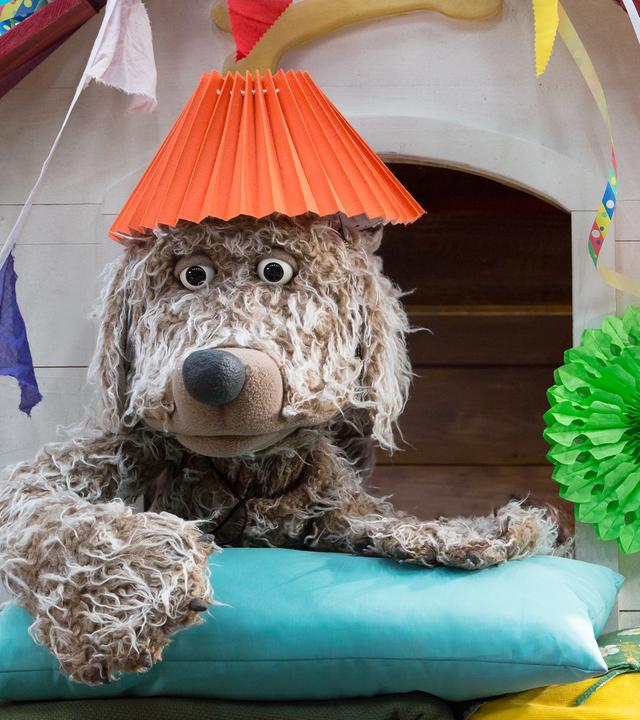 Hofhund Buffo liegt in seiner Hütte. Er trägt einen Lampenschirm auf dem Kopf und schaut nachdenklich.