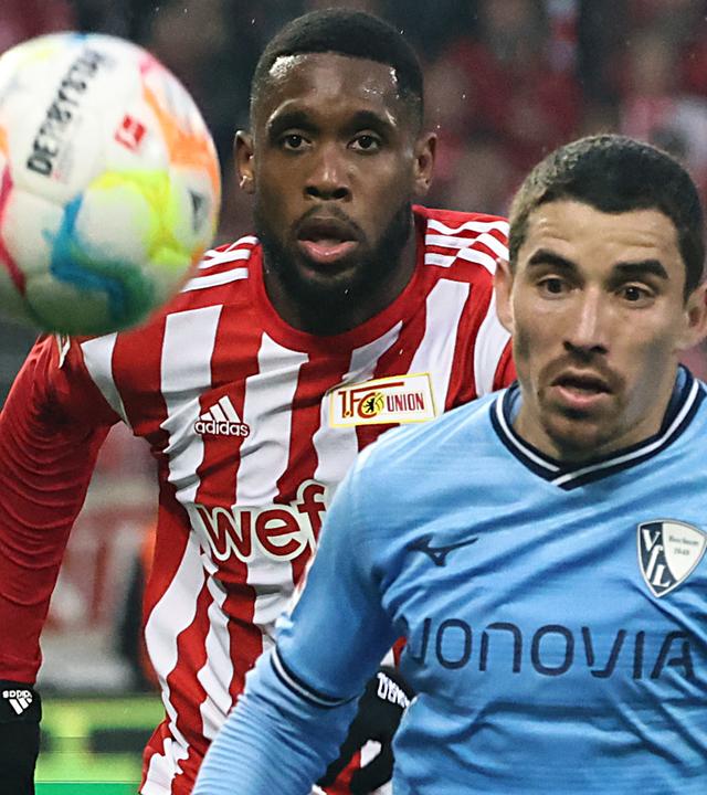 16.04.2023, Berlin: Jordan Siebatcheu (Union Berlin) in Aktion mit Teodoro Soares (VfL Bochum)