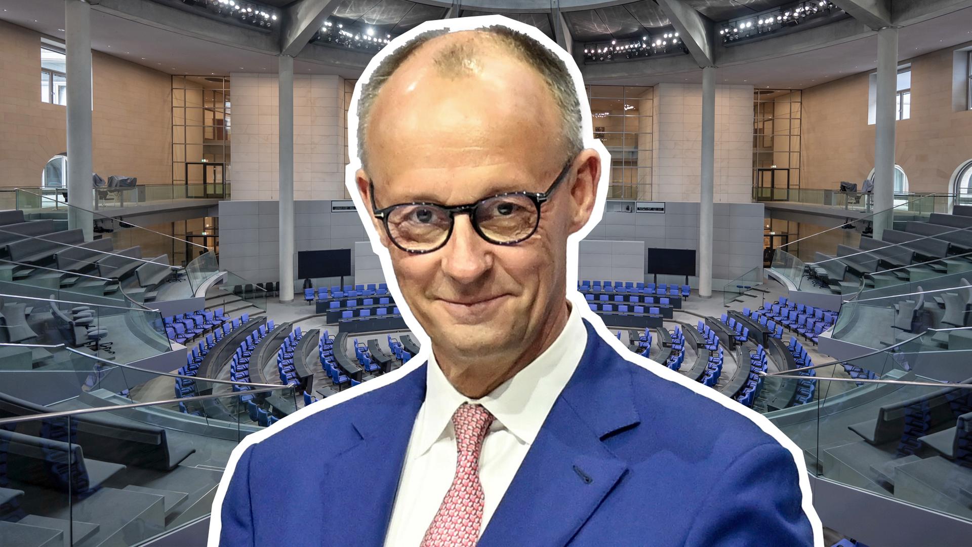 Friedrich Merz (CDU) ist vor einem Bild des Bundestages zu sehen. 