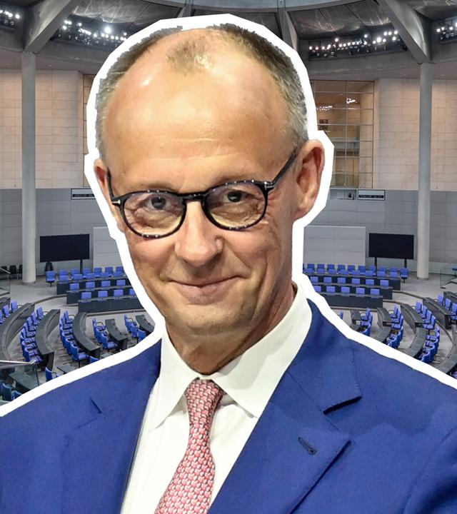 Friedrich Merz (CDU) ist vor einem Bild des Bundestages zu sehen. 