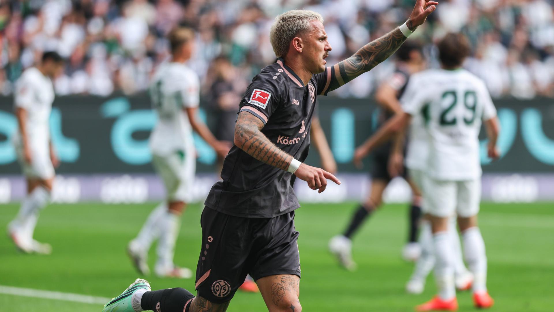 Torjubel zum 1:1 durch Phillip Tietz ( Mainz ) am 19.09.2026 im Ista-Borussia-Park in Mönchengladbach.