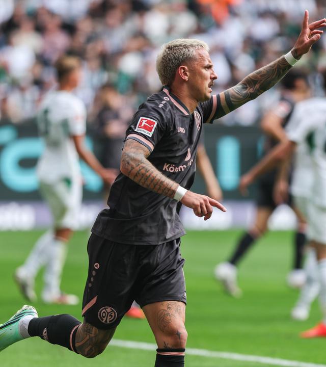 Torjubel zum 1:1 durch Phillip Tietz ( Mainz ) am 19.09.2026 im Ista-Borussia-Park in Mönchengladbach.