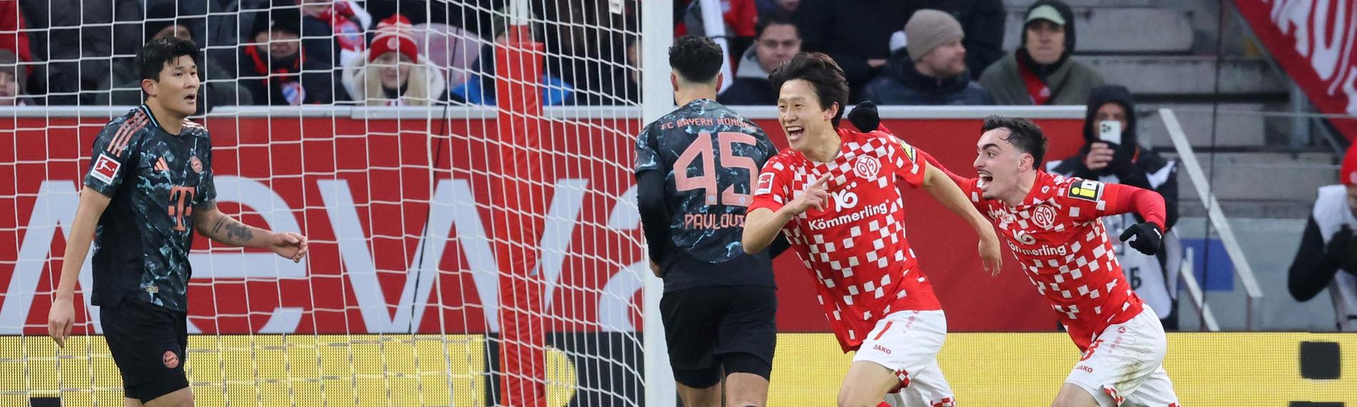 Lee Jae-Sung vom 1. FSV Mainz 05 jubelt nach seinem Tor zum 1:0 gegen den FC Bayern München.