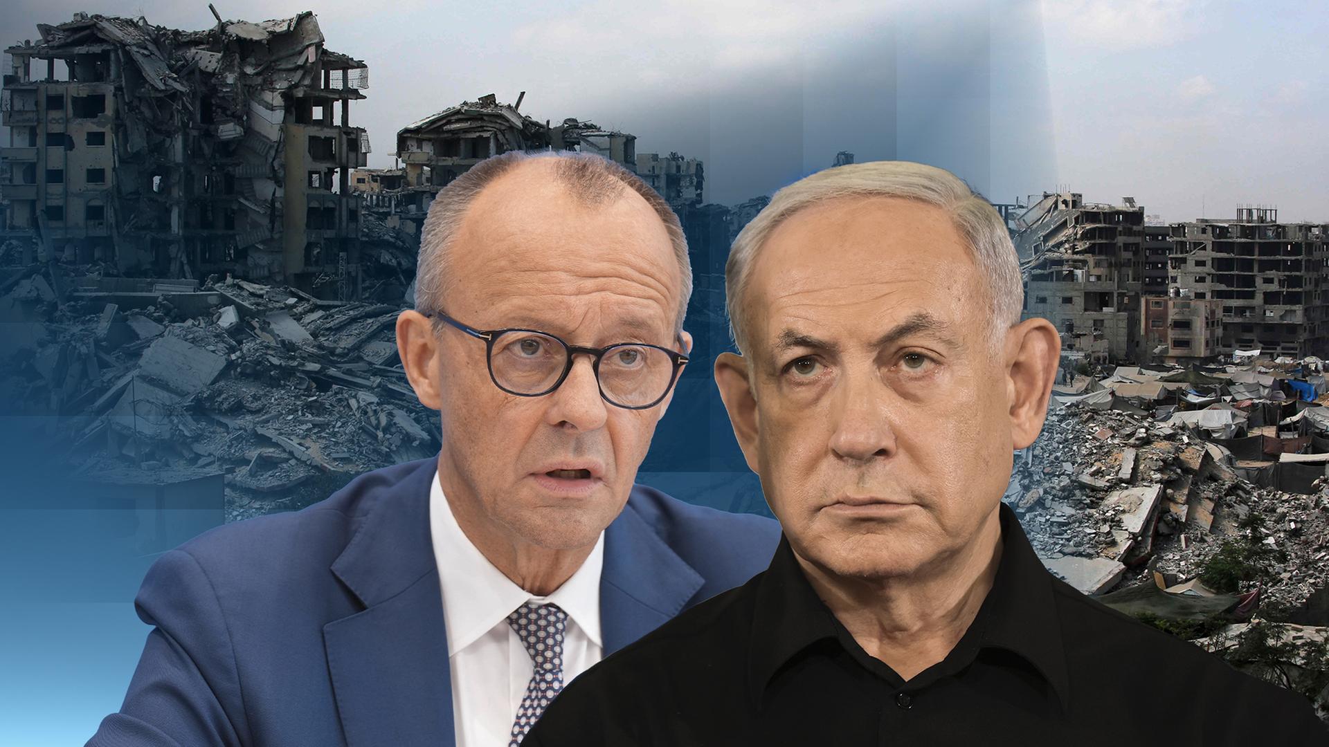 Friedrich Merz und Benjamin Netanjahu vor der Zerstörung in Gaza-Stadt.