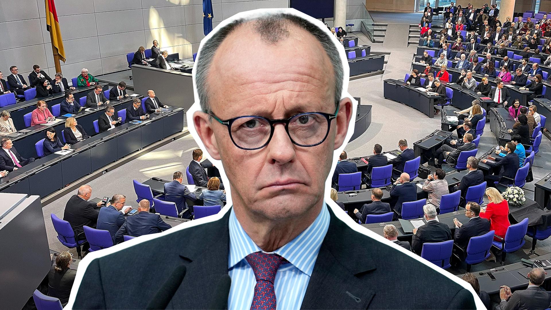 Friedrich Merz von der CDU ist vor dem Plenarsaal des Bundestages abgebildet. 