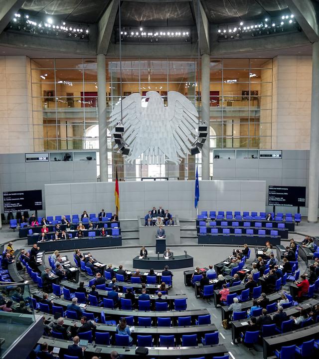 Deutscher Bundestag. Vogelperspektive des Saals. Der Bundesadler und einige Abgeordneten sind zu sehen.