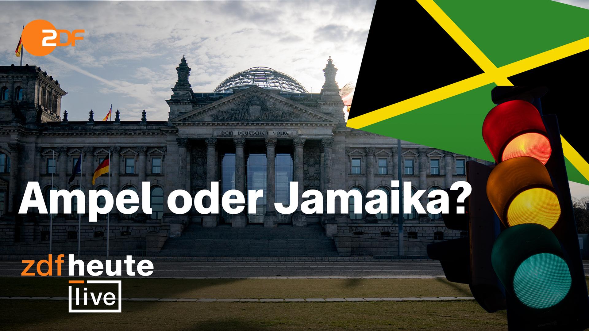 Bundestag im Hintergrund, im Vordergrund eine Ampel und Jamaika-Flagge. Text: Ampel oder Jamaika?