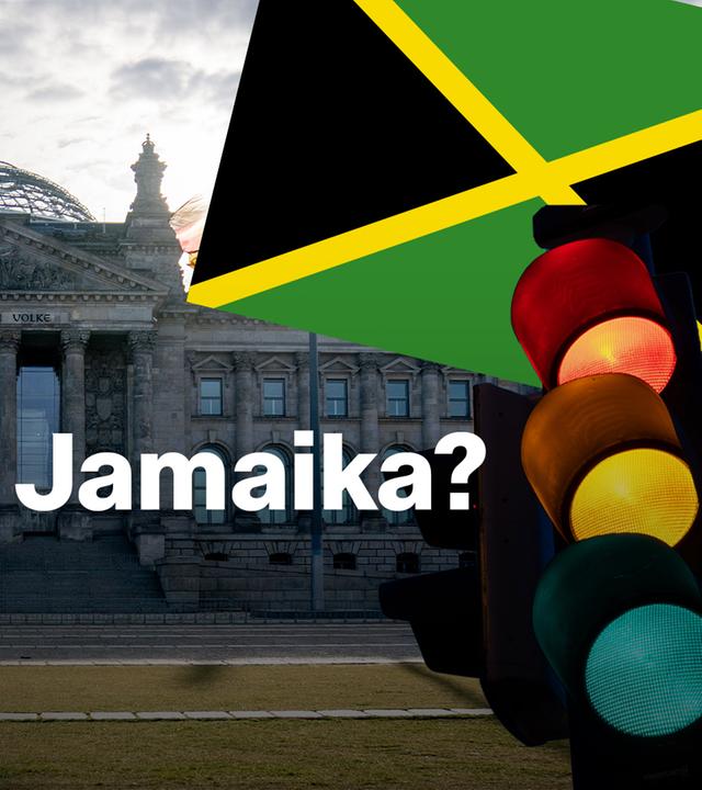 Bundestag im Hintergrund, im Vordergrund eine Ampel und Jamaika-Flagge. Text: Ampel oder Jamaika?