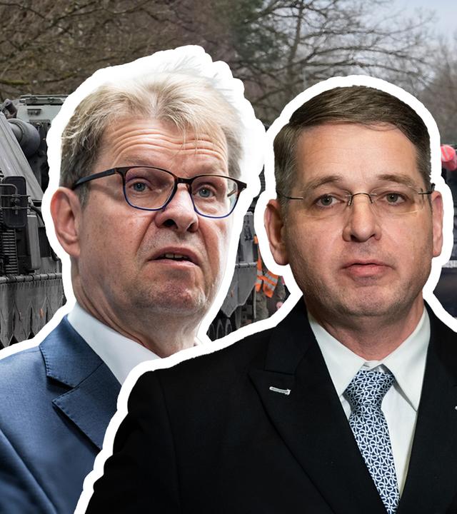 Im Hintergrund ein deutscher Panzer. Im Vordergrund: Alexander Müller (FDP) und Ralf Stegner (SPD).