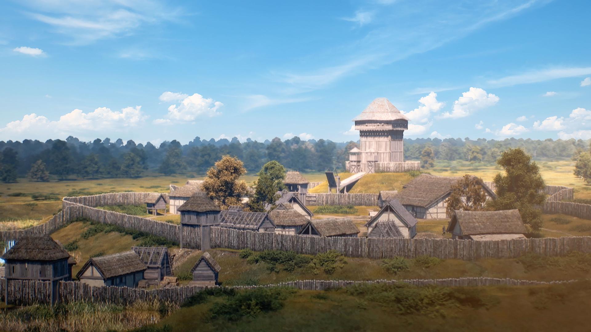 Eine computergenerierte Nachbildung einer mittelalterlichen Burganlage mit Holzpalisade.