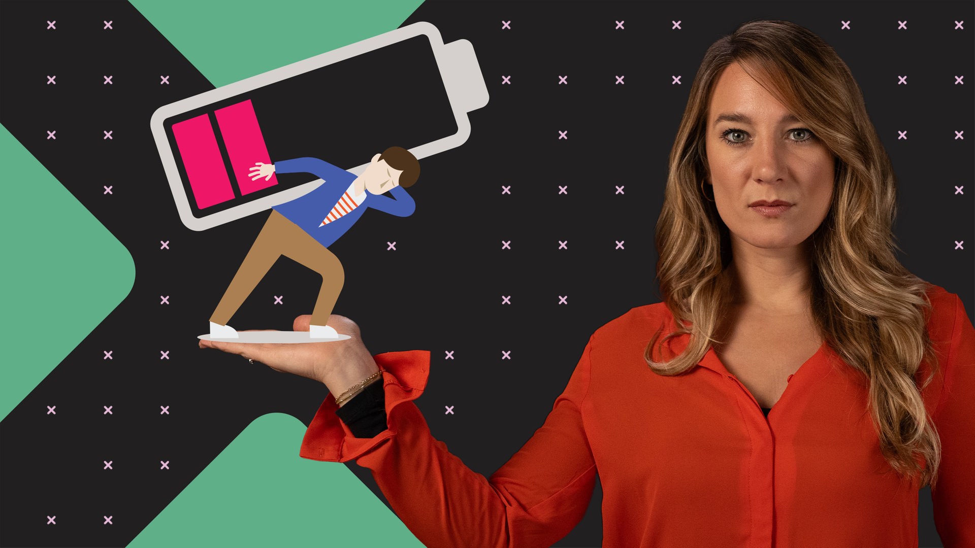 Im Vordergrund steht Jasmina Neudecker mit ausgestreckter Hand. Auf ihrer Handfläche befindet sich eine Grafik: Ein Mann trägt eine fast leere Batterie auf dem Rücken – nur zwei Balken sind noch sichtbar.