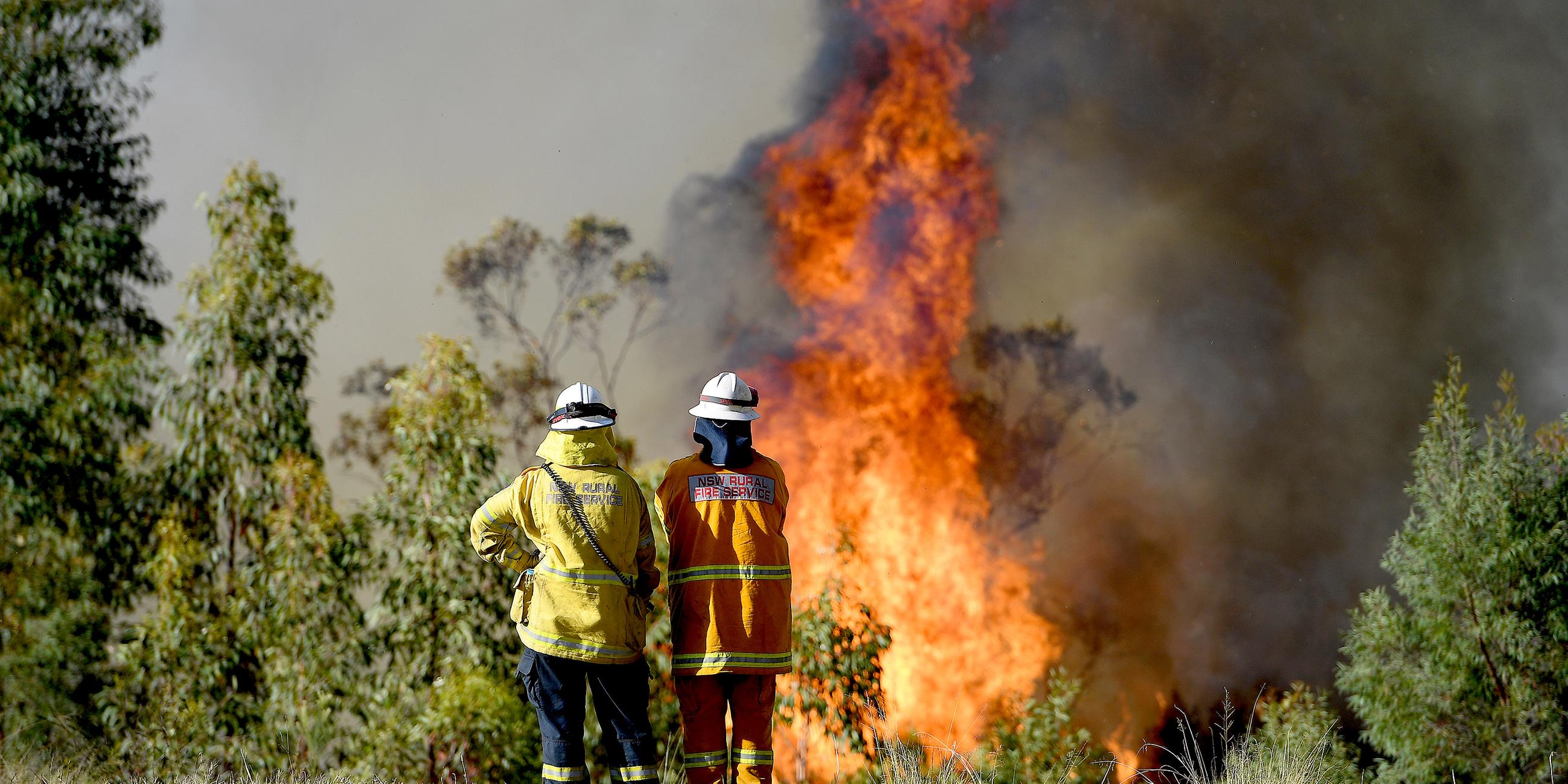 Einsatzkräfte der Feuerwehr beobachten ein Feuer in der Nähe von Wheelbarrow Ridge bei Sydney.