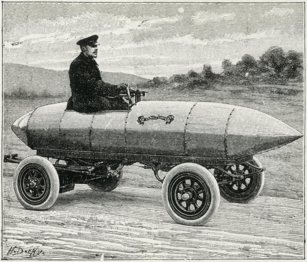 Camille Jenatzy (1868-1913) in seinem batteriebetriebenen Elektroauto aus Aluminium La Jamais Contente, 1899. 