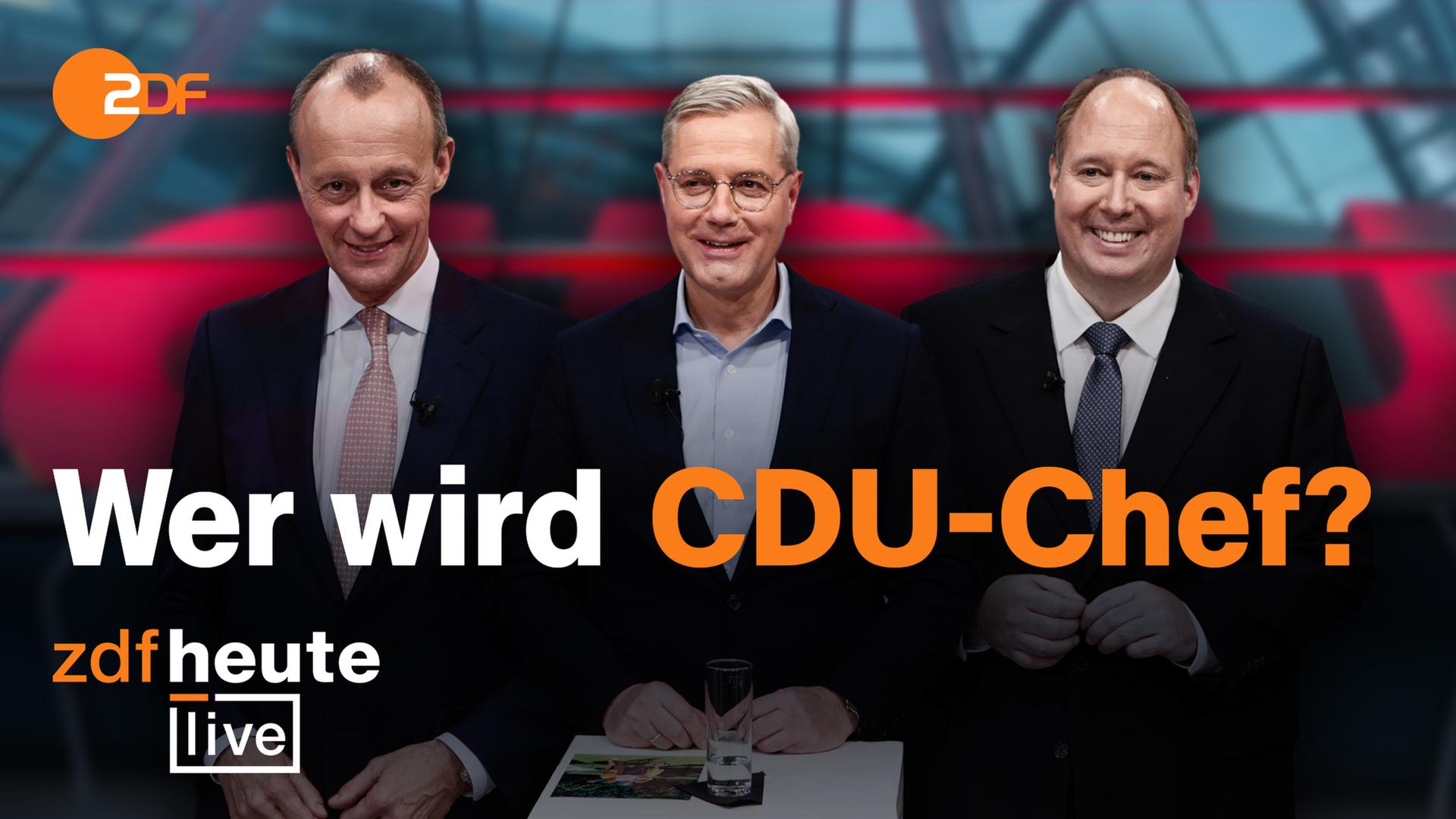 Friedrich Merz, Norbert Röttgen und Helge Braun, Schriftzug: "Wer wird CDU-Chef?", ZDFheute live-Logo unten links, ZDF-Logo oben links