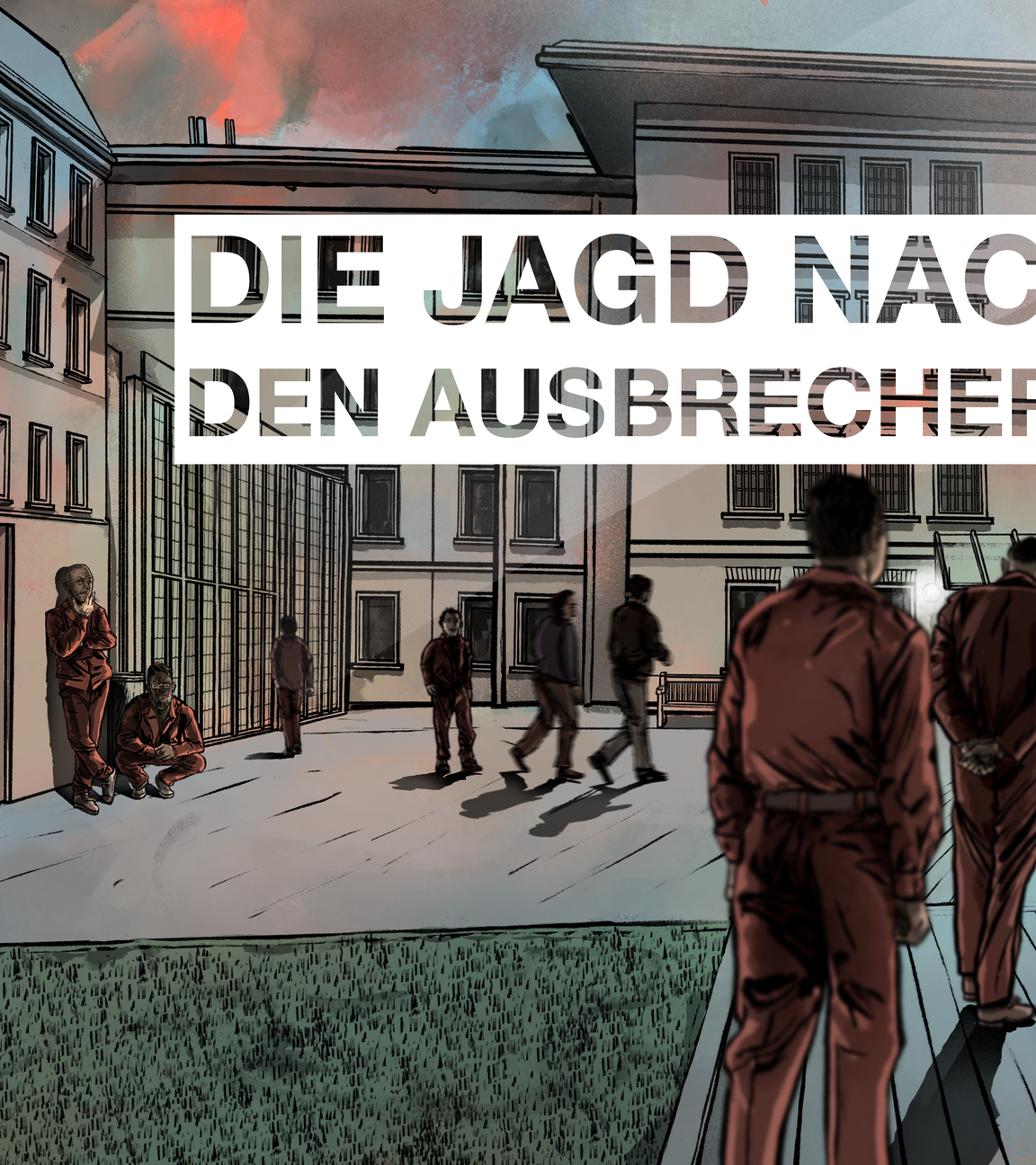 Zeichnung zeigt Justizbeamten in Rückenansicht mit verschränkten Händen hinter dem Rücken, der auf einen Gefängnishof schaut, auf dem sich mehrere Gefangene befinden. Zum Teil sitzend, zum Teil laufend.