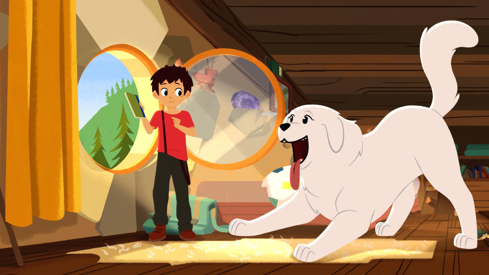 Sebastian steht am offenen Fenster und hält ein Buch in der Hand. Belle ist daneben und guckt sehr aufgeregt auf das Buch.